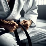 Judoca em uniforme de judô branco concentrado amarrando sua faixa preta, em um dojo com tatames. A imagem destaca a importância do ritual de preparação no judô, evidenciando disciplina e respeito pelo esporte.