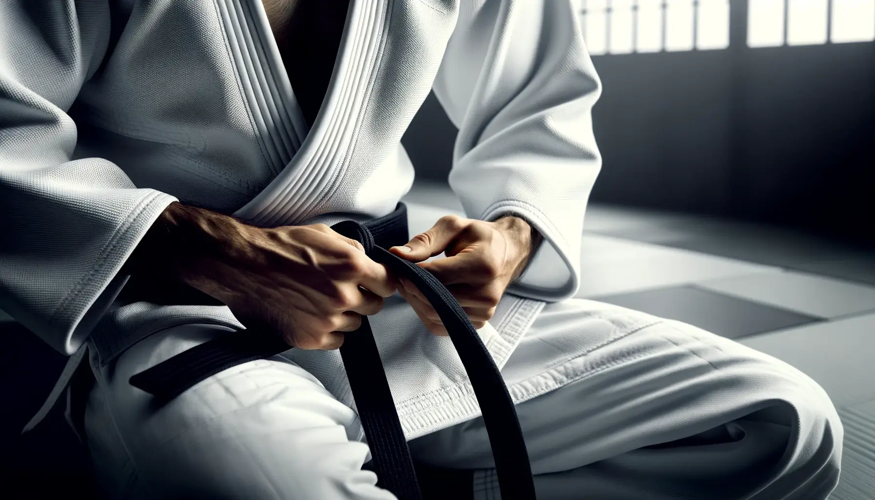 Judoca em uniforme de judô branco concentrado amarrando sua faixa preta, em um dojo com tatames. A imagem destaca a importância do ritual de preparação no judô, evidenciando disciplina e respeito pelo esporte.